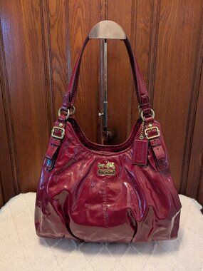 Coach Madison Burgundy/Red Patent Leather Maggie Hobo Shoulder Bag Purse